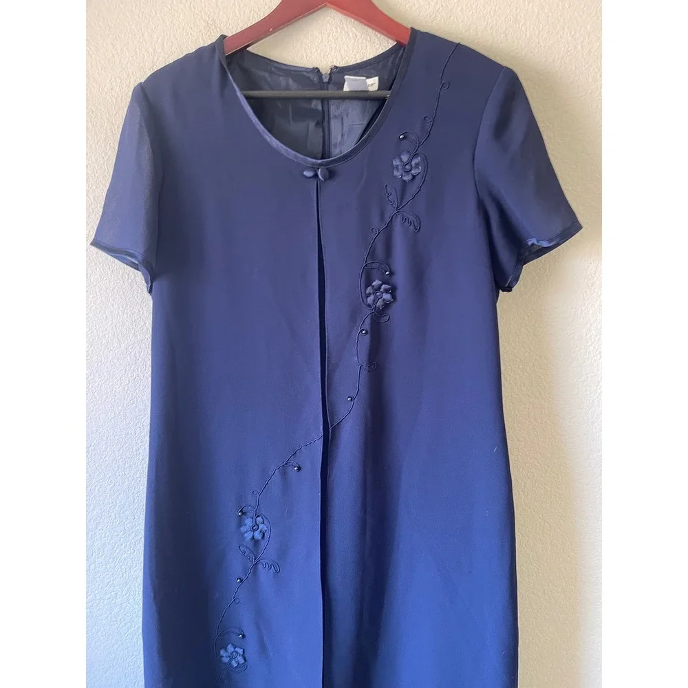 Vintage Liz Baker Navy Blue Floral Embroidered Sheer Overlay Shift Dress Size 10